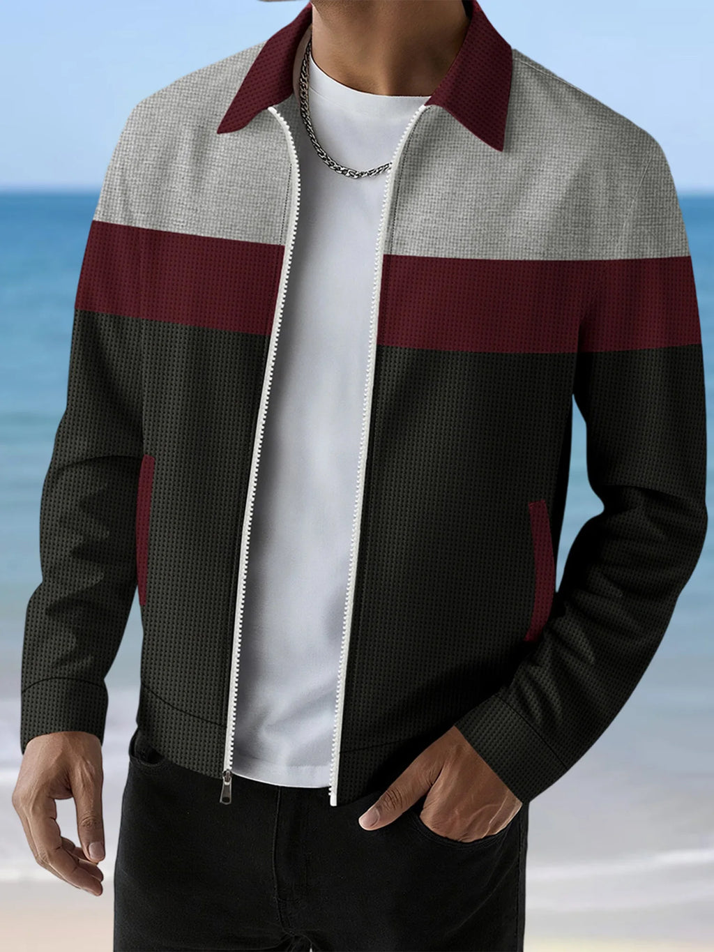 Men s Casual Lapel Collar Zip Up Jacket with Patchwork Design Pockets and Stylish Outerwear for Fall Fashion