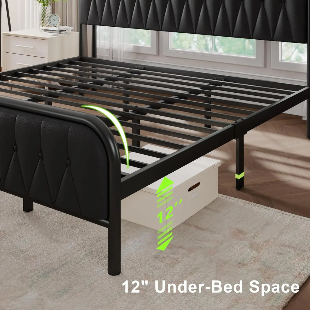 full-king Size Bed Frame with Fast Charging Station, 12" Underbed Storage Space, Easy Assembly, Noise-Free, Queen Bed Frame
