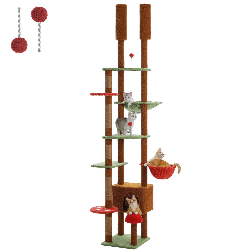Adjustable 230-252cm Cat Tree, Floor to Ceiling Cat Condo, Hanging Ball,5 Scratching Posts,Hammock, Ample Resting Place for Cats