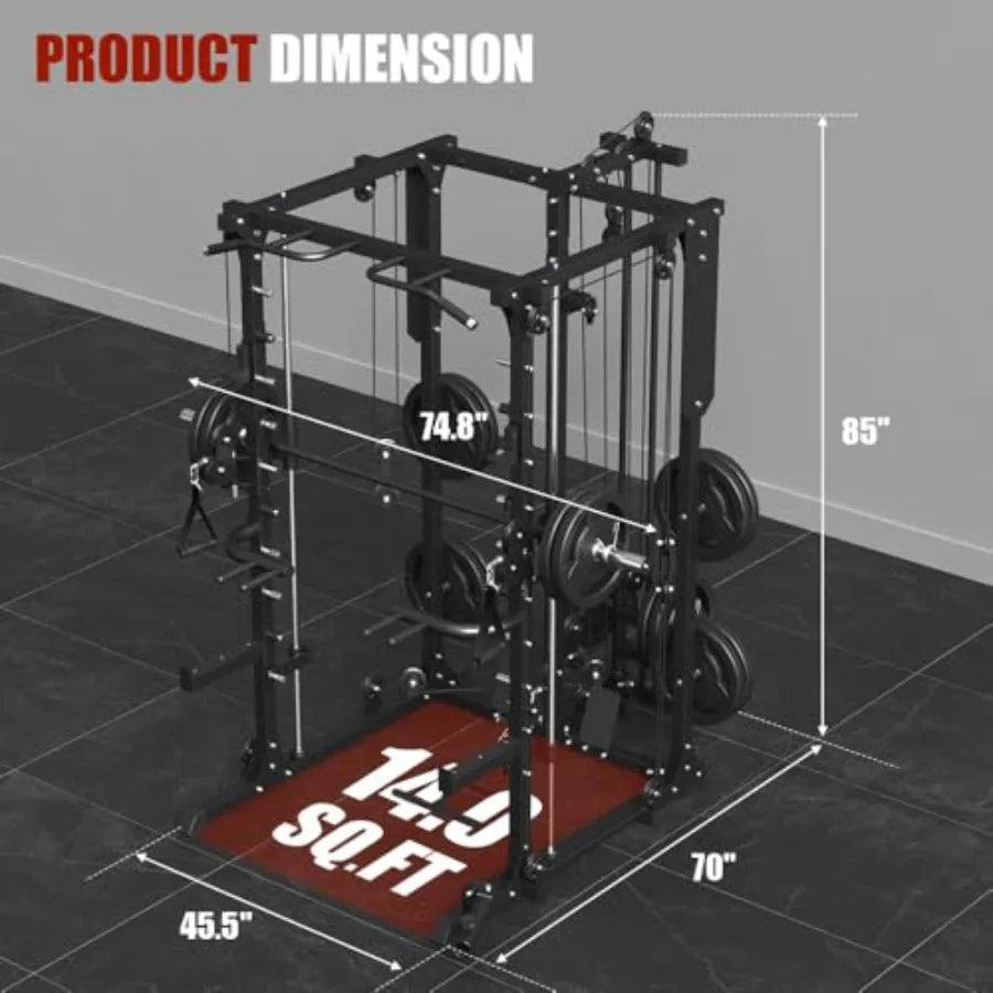 Smith MachinePower Cage Squat Rack with LAT Pull Down System Dipping Bar MultiFunction Linear Bearing Cable Crossover Machine f