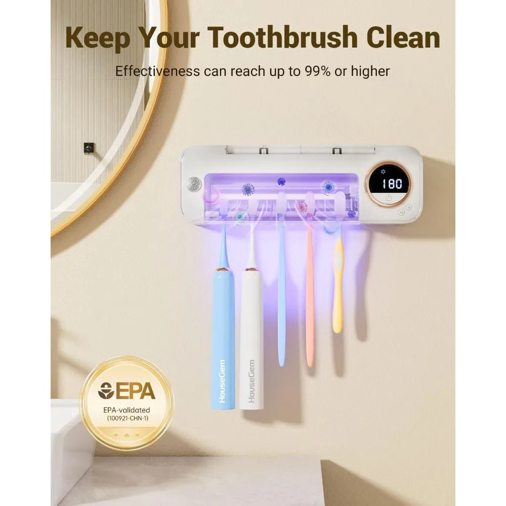 Wall-Mount Toothbrush Holder with Auto-Drying, 4000mAh Battery, Infrared Sensor, Holds 5 Toothbrushes