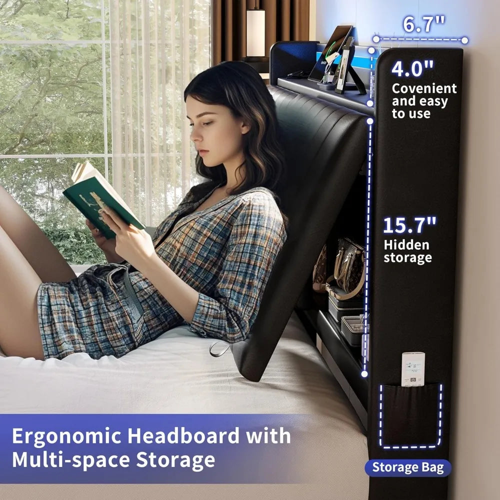 Full Size Floating Bed Frame with Ergonomic Hidden Storage Headboard and LED Lights, Visual Floating LED Bed Frame with Charing