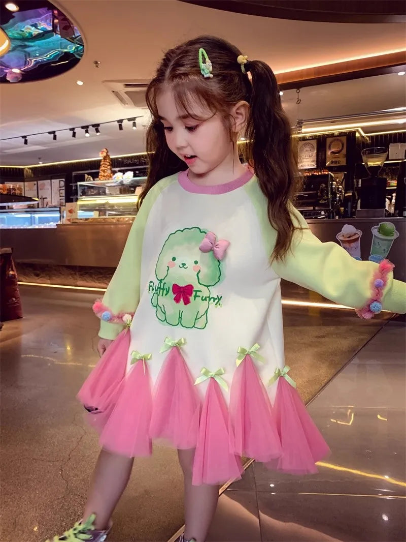 Girl's Fall/Winter Sweatshirt Long Sleeve Princess Elsa Snow White Cartoon Print Tulle Skirt Casual Hoodie Dress 2-12 Years Old