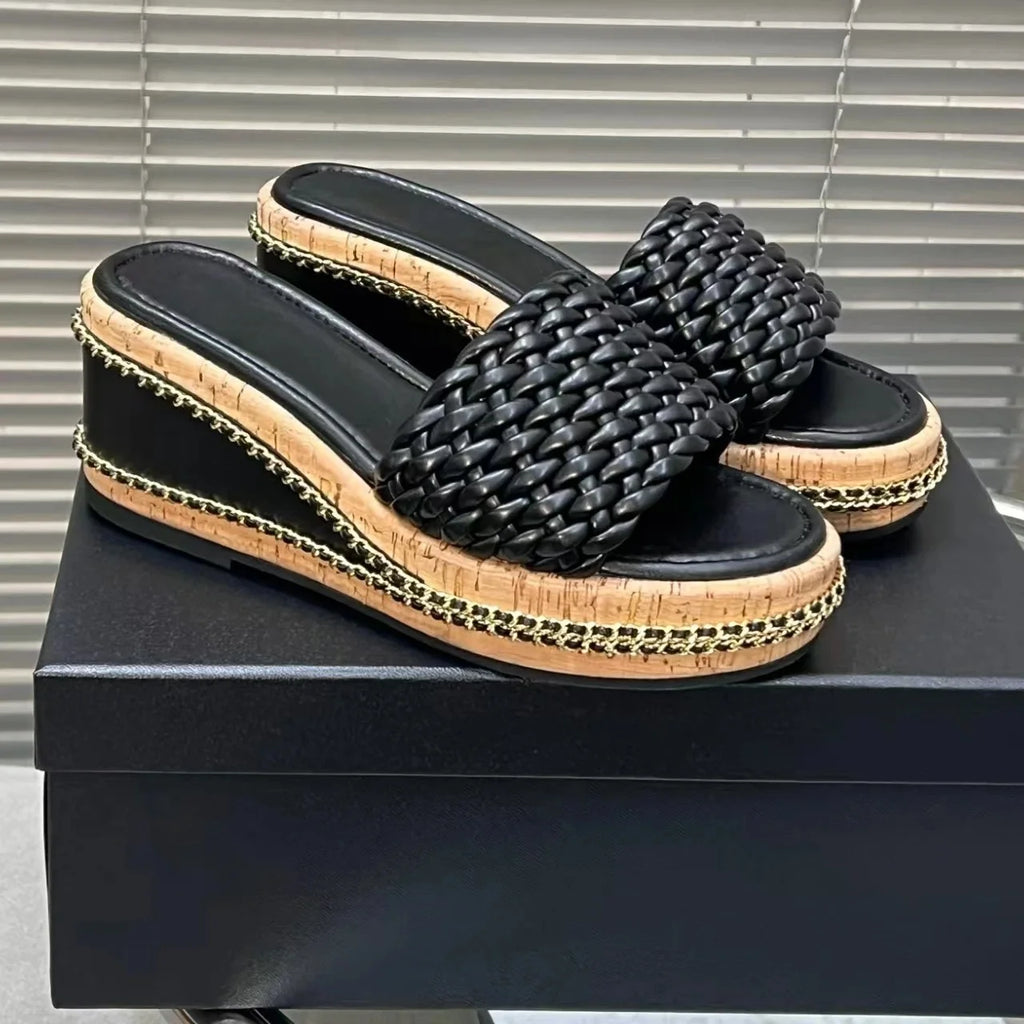 2025 New Arrival Handmade Genuine Leather Open-Toe Wedges Woman Slippers Weave Beach Slides Platform Elevator Shoes Botas Mujer
