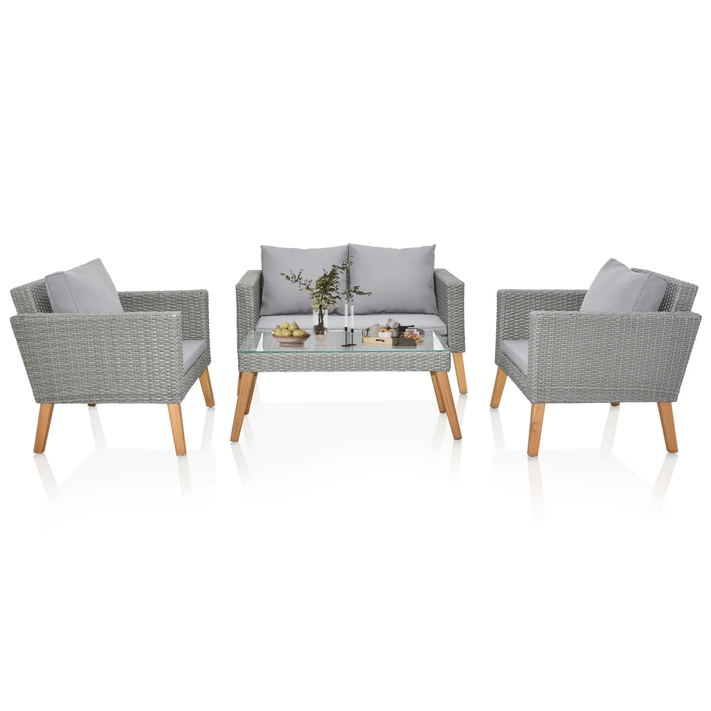 4 Piece Outdoor Patio Furniture Set, Resin Rattan and Acacia Wood Chairs Conversation Furniture Set with Soft Cushions Grey