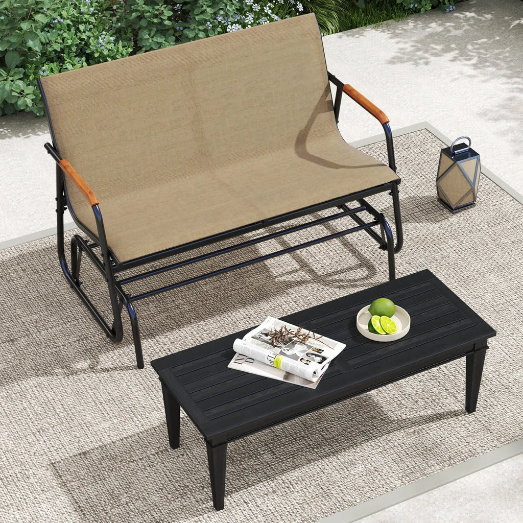 Patio Glider Bench for 2 Swing Gliding Loveseat w/Curved Teak Armrests for Porch