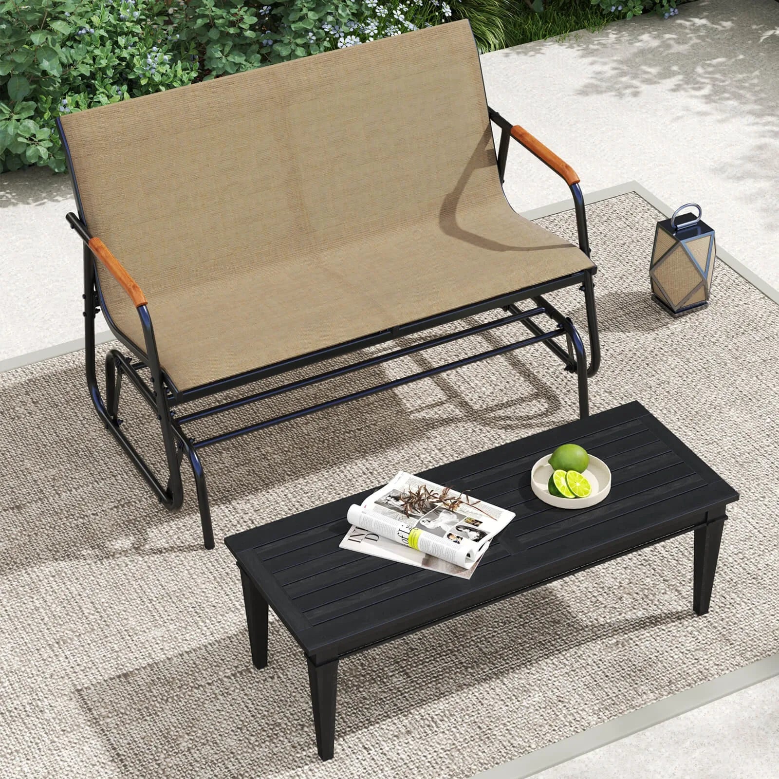 Patio Glider Bench for 2 Swing Gliding Loveseat w/Curved Teak Armrests for Porch