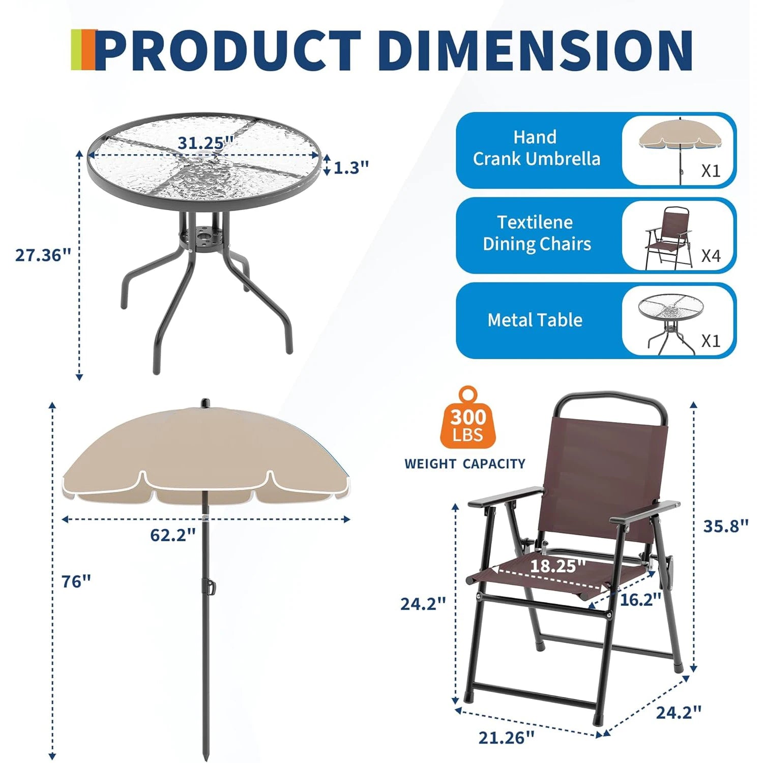 6 Piece Patio Dining Set for 4 with Umbrella, Outdoor Table and Chairs with 4 Folding Dining Chairs & Round Glass Table
