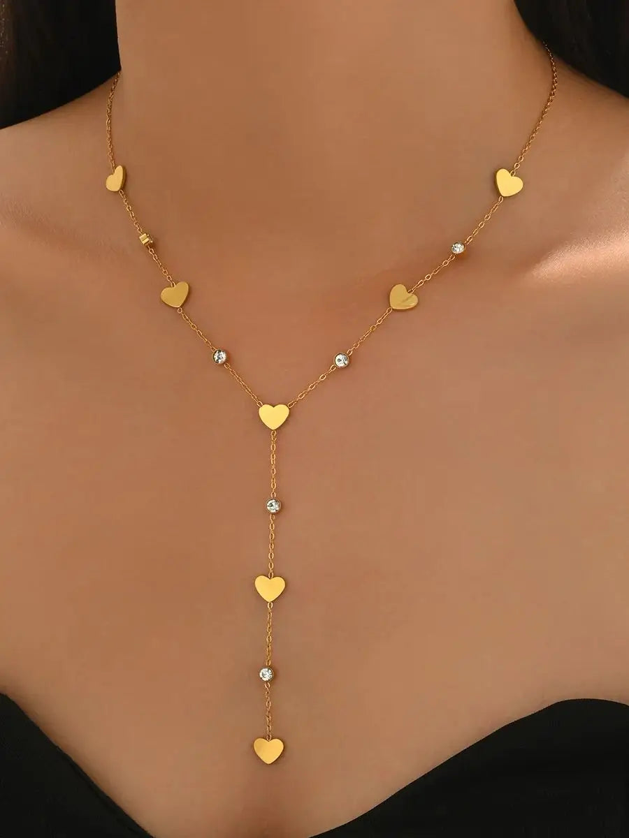 Lxalry 18K Gold-Plated Rhinestone Necklace, Recycled Steel, Simple, Hypoallergenic, Y-Shaped, Diamond-Studded Love