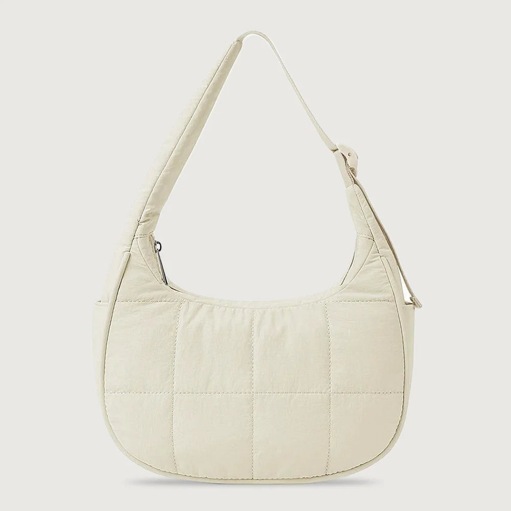 Puffer Shoulder Bag Nylon Adjustable Strap Crescent Bag for Women Quilted Handbag with Zipper Hobo Bag for Work Travel