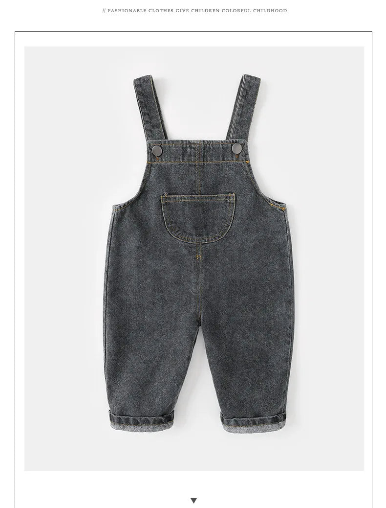 New Spring Kids Pants Baby Girls Overalls Boys Solid Denim Jumpsuits Children Trousers 0-5Y