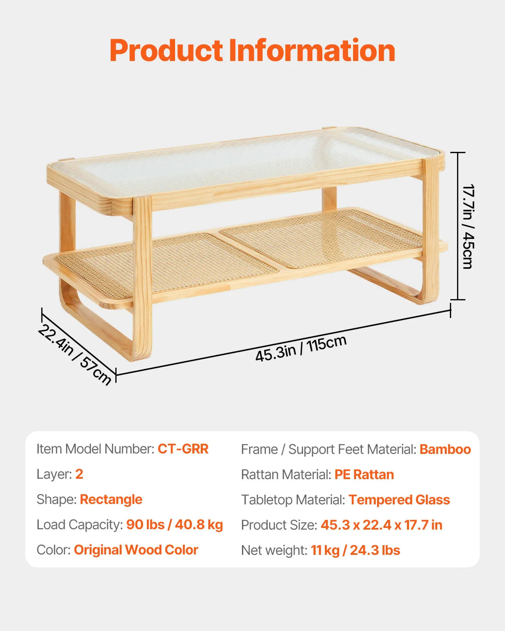 SucceBuy Rattan Coffee Table Rectangle Coffee Table 42-47in Modern Boho Style 2 Layers Storage Coffee Table for Home Bedroom