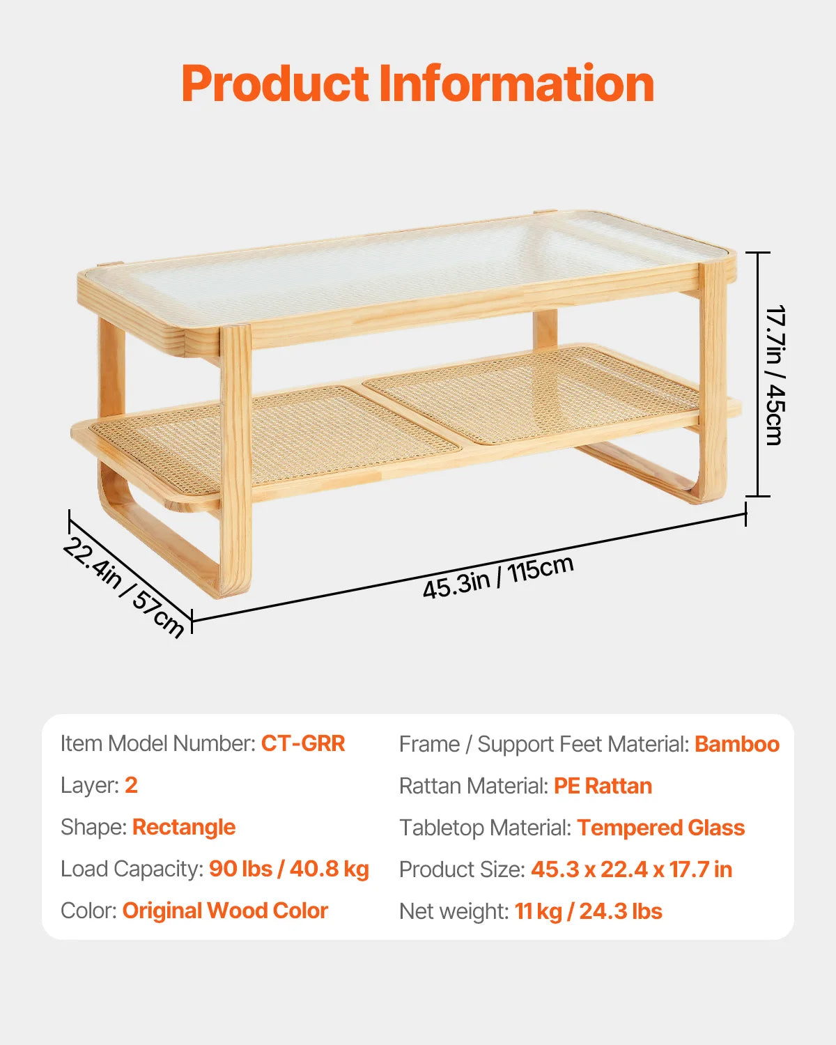 SucceBuy Rattan Coffee Table Rectangle Coffee Table 42-47in Modern Boho Style 2 Layers Storage Coffee Table for Home Bedroom
