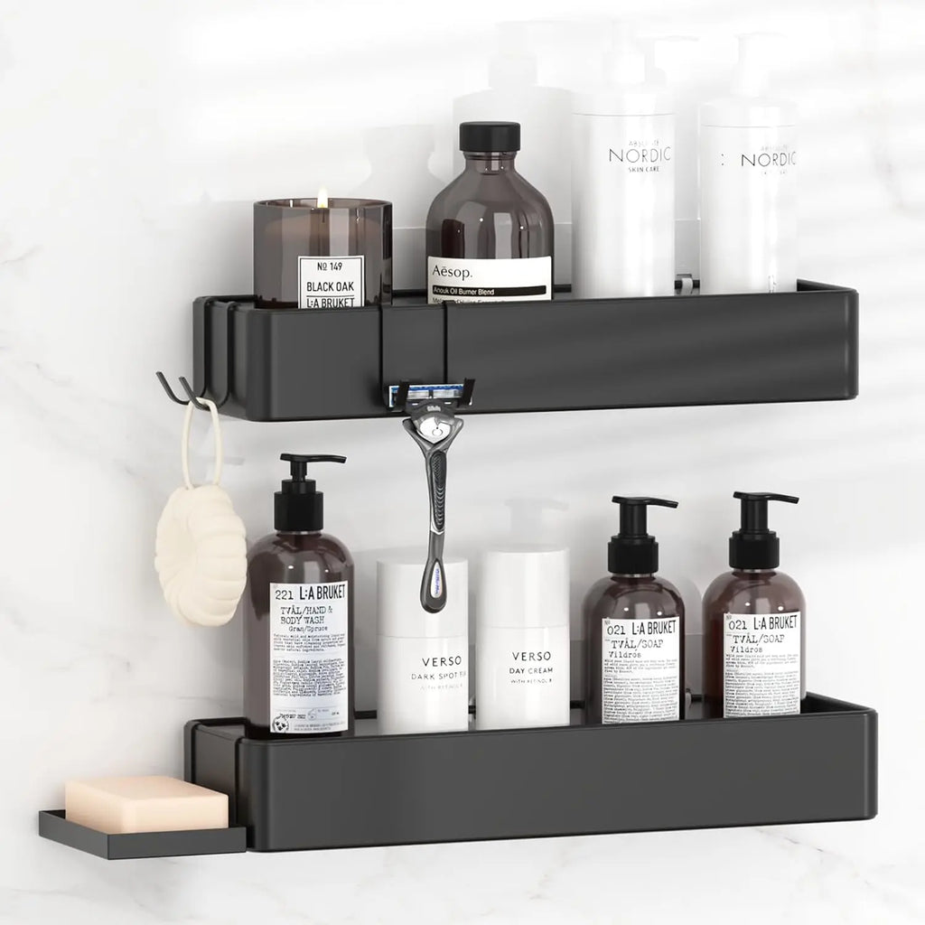 Adhesive Shower Shelves with Soap Holder 4 Hooks no Drilling Bathroom Organizers and Storage Racks