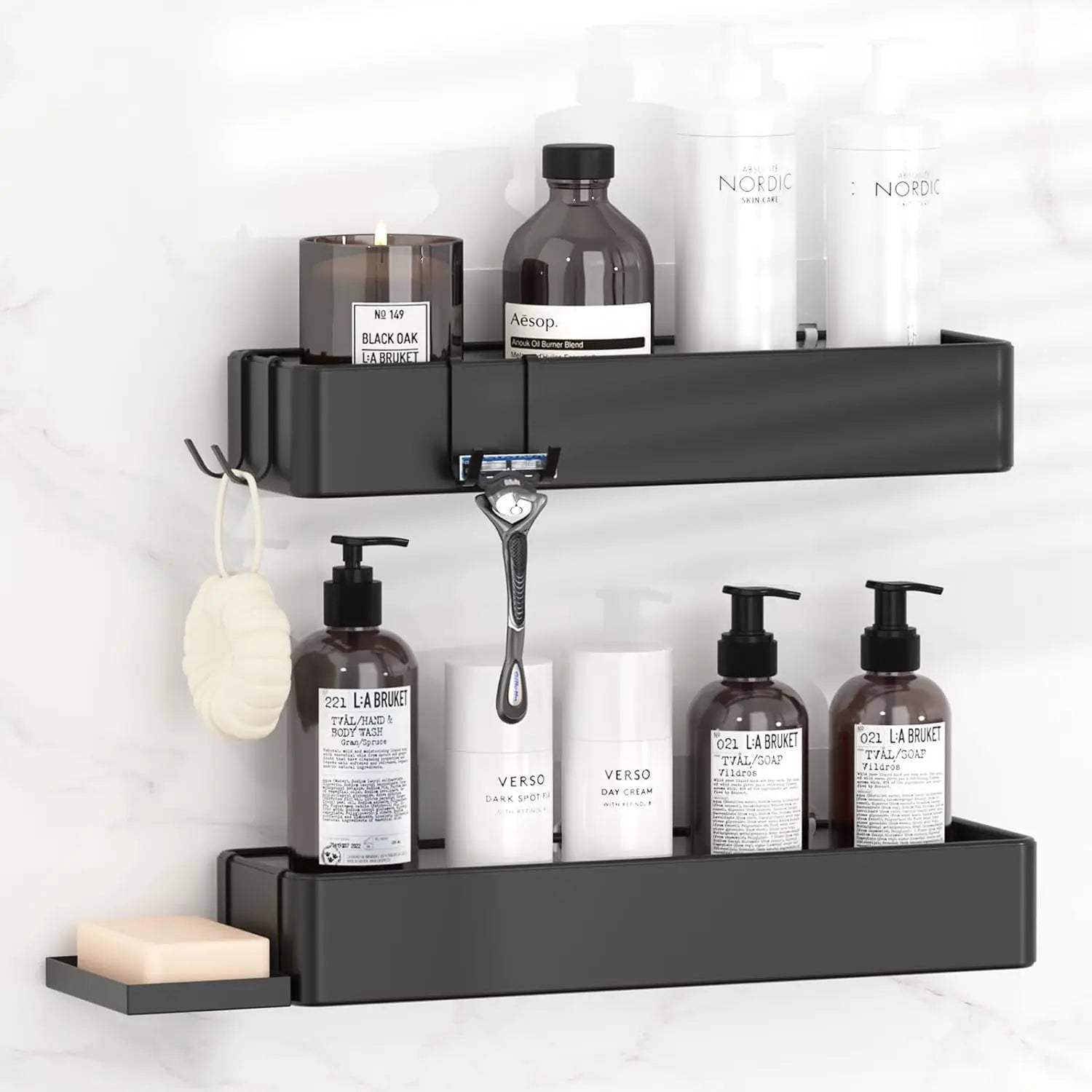 Adhesive Shower Shelves with Soap Holder 4 Hooks no Drilling Bathroom Organizers and Storage Racks
