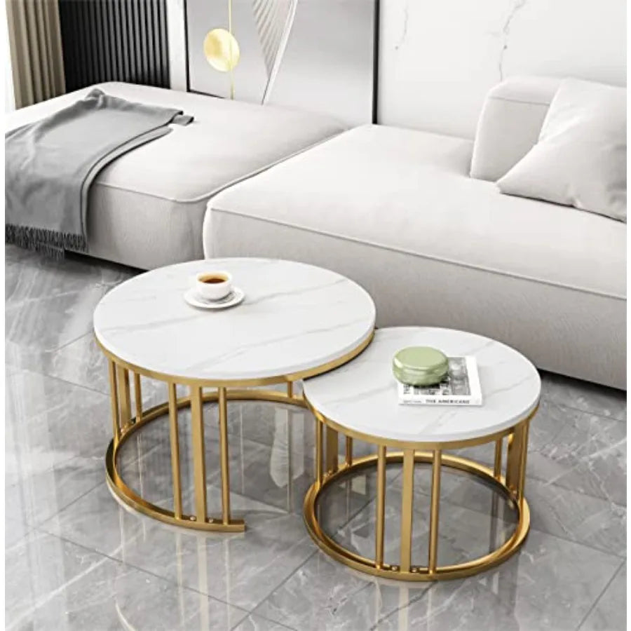 Round Nesting Coffee Table Set of 2 Modern Cocktail Table with Metal Frame for Living Room Small Spaces White and Gold Desktop