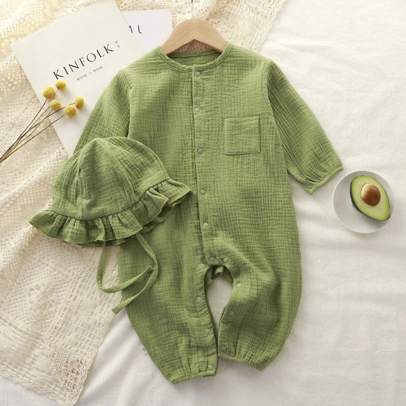 Baby Boys Girls Clothes Newborn Jumpsuit + Hats Infant Muslin Cotton Long Sleeve Romper 0-24 Month