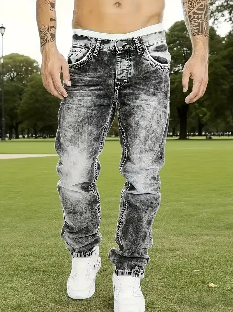 Men's stretch jeans, fashionable street style jeans, street fashion trend jeans, all-season style, slim flared jeans, suitable f