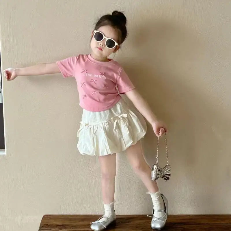 Baby Clothes Set Girls Bow Blouse Suit Children Sweet Top Bud Skirt 2 Pieces Summer New Fashion Short-Sleeved T-Shirt Outfit