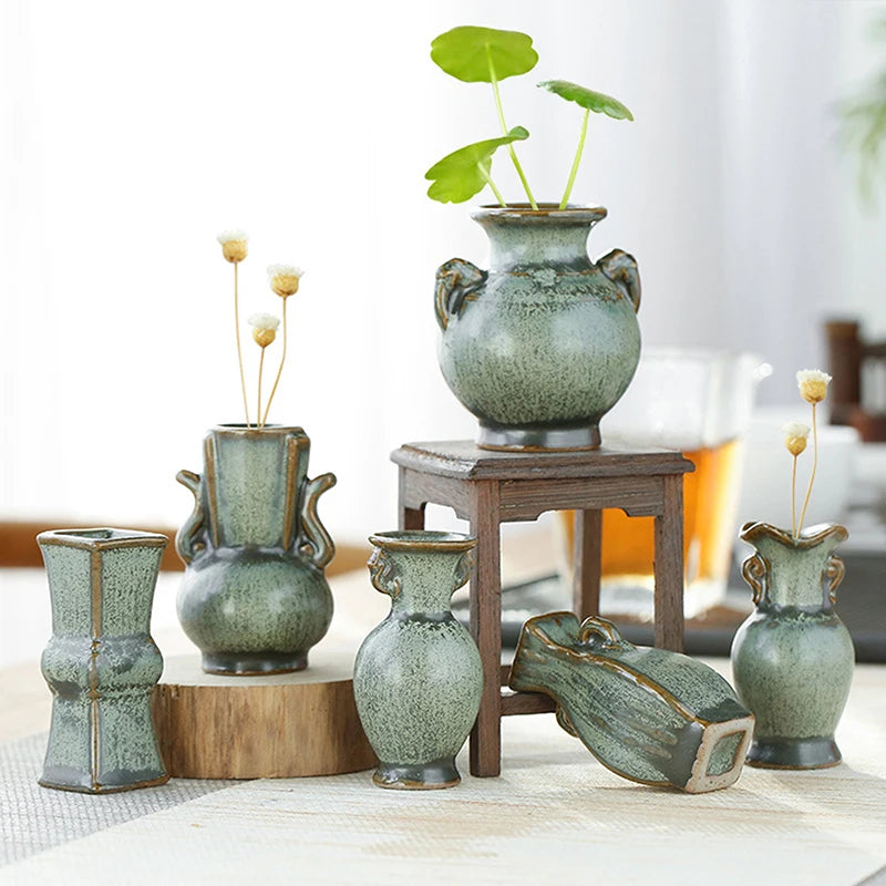 1PC Hydroponics Chinese-style Living Room Decoration Ceramic Small Vase Green Retro Flower Vase Crafts Tabletop Ornament