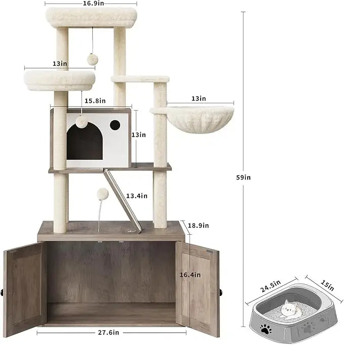 Cat Tree with Litter Box Enclosure 59 Inch Large 2 in 1 Cat Tower Condo with Scratching Post, Dangling Balls