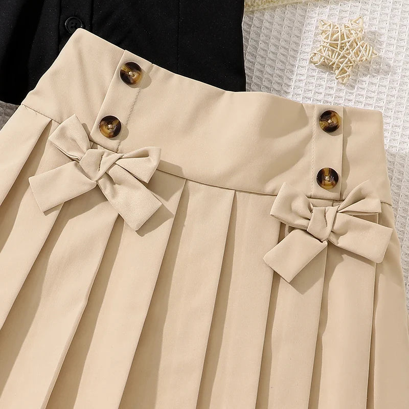 Kids Clothing Sets For Girls 8-12 Years Adorable V-neck Puff-sleeve T-shirt & Bow-knot Pleated Skirt 2 Pieces Set Summer Outfit