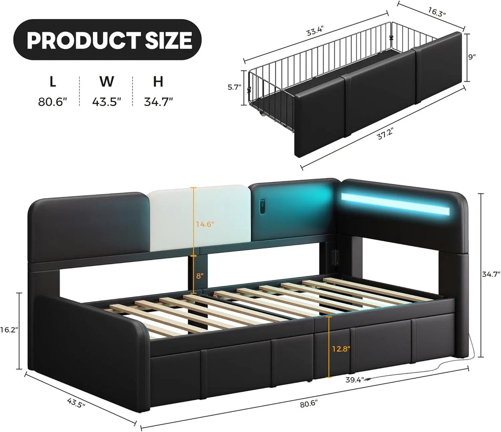 LIKIMIO Daybed with Storage, Twin Day Bed Frame with Drawers, Charging Station & LED, Sofa Bed with Strong Supports for Bedroom