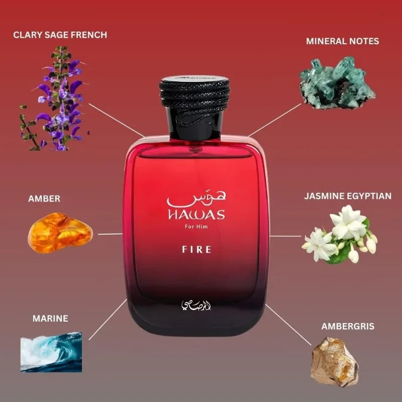 RASASI Hawas Fire Eau de Parfum Spray 100ml Original Arab Perfumes Lasting Aromatic Aquatic Pheromones Perfume Cologne Makeup