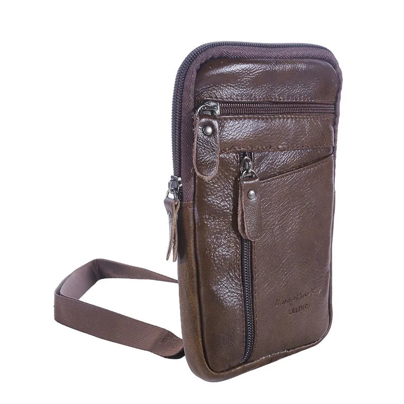 Leather Waist Bag Men's Mobile Phone Bag Wearing Belt Outdoor Sport One Shoulder Small Bag Doing Business Crossbody Bags