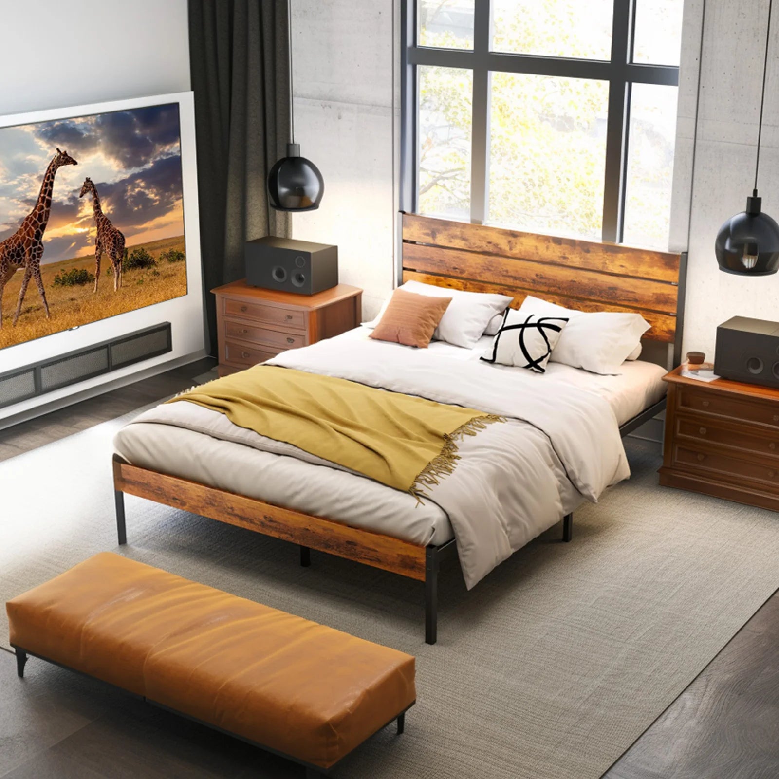 JHK Queen Size Metal Platform Bed Frame with Headboard and Footboard with 800LBS Sturdy Wooden Slats Support For Bed Room Home