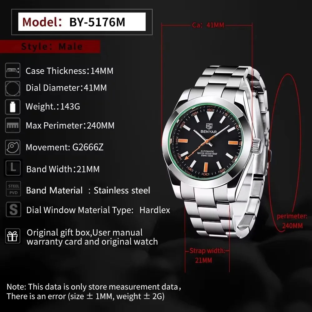 2025 New Mens Watches Luxury BENYAR Design Mechanical Watches For Man Automatic Watch Shock Resistant Waterproof Movement Clocks
