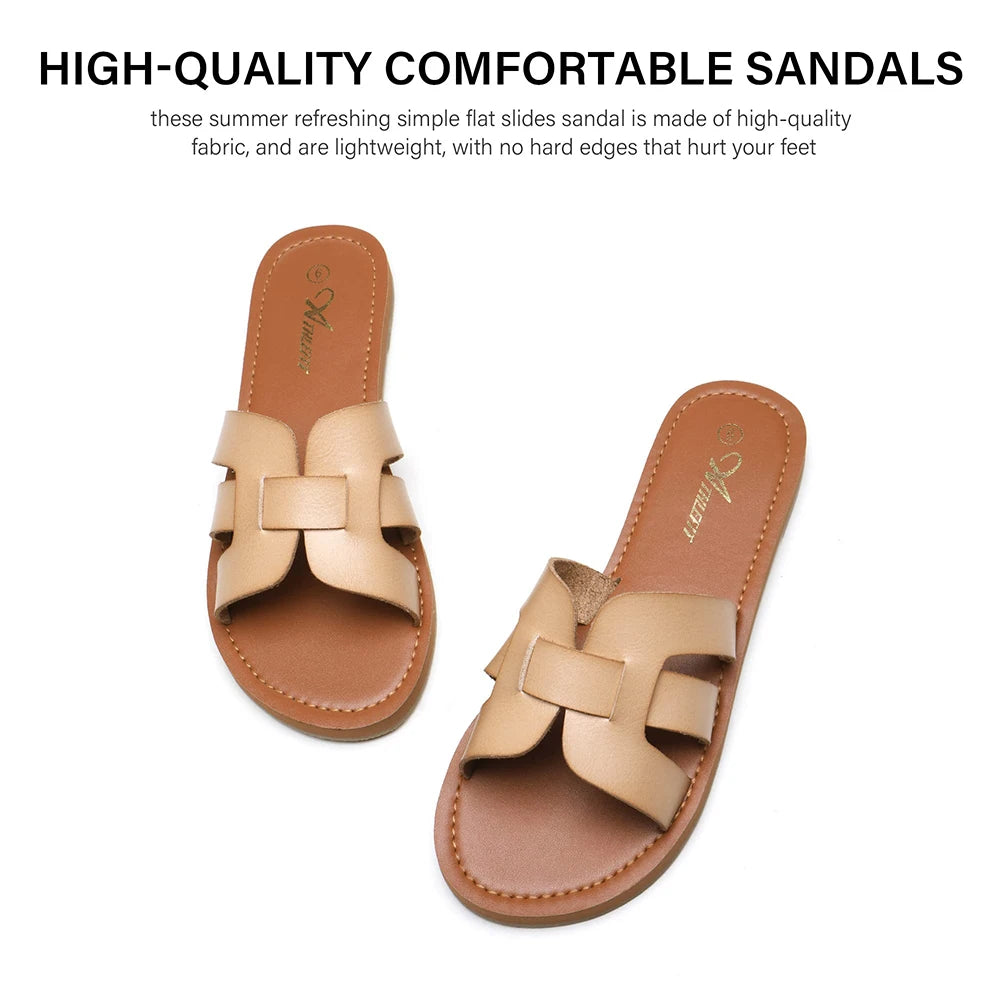 Casual Womens Flat Slippers Sandals Fashion Summer Slip On Leather Slide Shoes Concise 2024 New