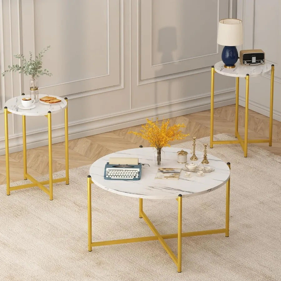 Coffee Table Set of 3Modern Faux Marble Top with Golden Frame 1 Coffee Table 2 Accent Table Living Room Table Set for Apartment