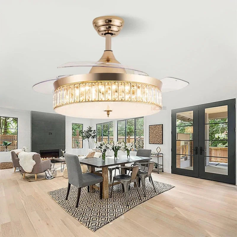 36"/42" Retractable Ceiling Fan Light LED Invisible 3 Color Chandelier Lamp w/Remote Crystal Metal Ceiling Fan Light 92cm/107cm