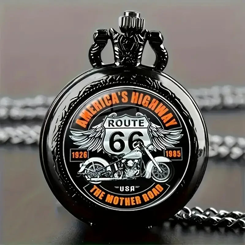 Vintage Cool Motorbike Route 66 American The Mother Road Pocket Watch Design, Precise Quartz Movement Watch Gift for Male Kids