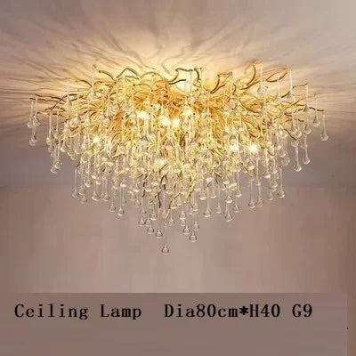 Luxurious Water Drop Golden Base Decorations for Home Light Tree Branch Customize Foyer Luxury Crystal Chandelier