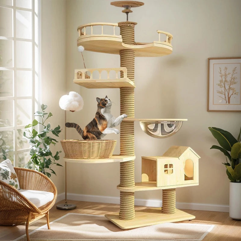 YXT Cats Tree Floor Solid Wooden Cat Tree House Climbing Pets Furniture Adjustable Kitten Trees Tower