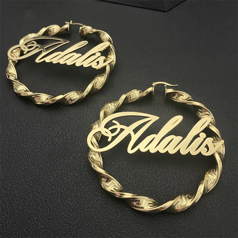 Lateefah 70MM Custom English Name Great Wall Thread Hip Hop Exaggerated Large Ear Loop DIY Letter Earrings Jewelry