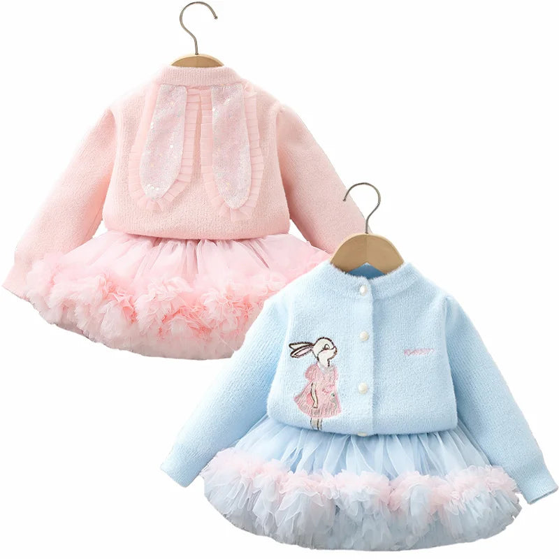 Girl Clothes Set Girls Suits Sweater Cardigan Tutu Tulle Skirt Mesh Ball Gown Baby Toddler Girl Clothing Kids Children Outfit