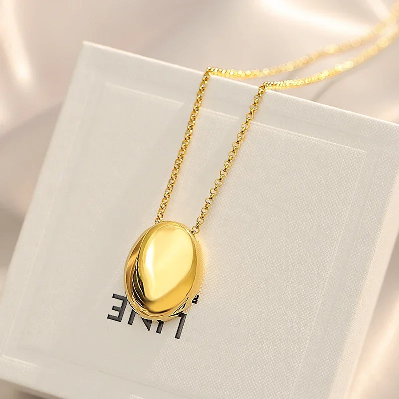 European and American Oval Pendant stainless steel Gold Color Long Necklace Fashion Jewelry Accessories Sweater Chian For Womens
