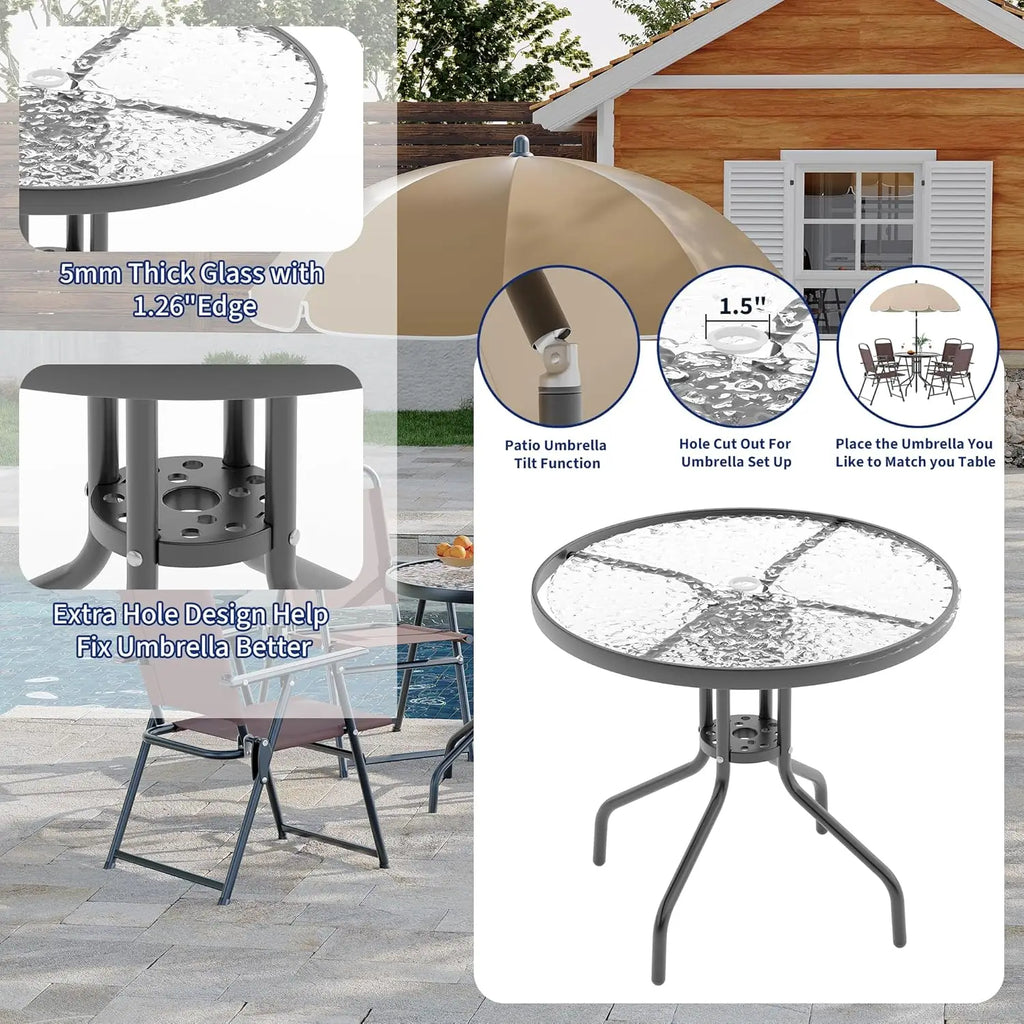 6 Piece Patio Dining Set for 4 with Umbrella, Outdoor Table and Chairs with 4 Folding Dining Chairs & Round Glass Table