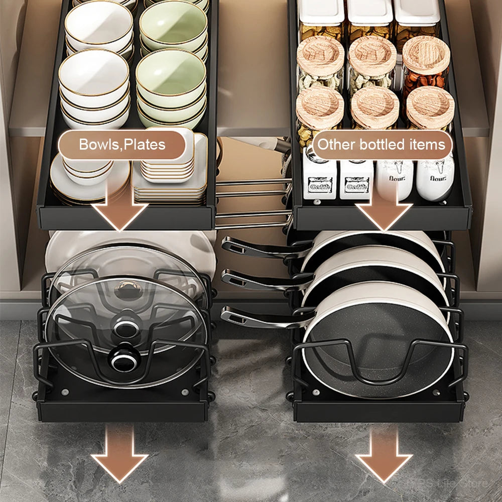 Kitchen Pots and Pans Organizer Under Cabinet Sliding Drawer Pot Lid Organizer Pull Out Cabinet Storage Tray with 8 Dividers