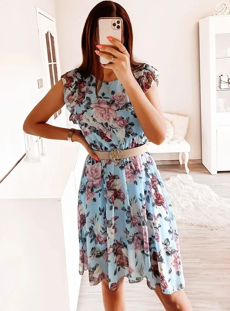 Summer Fashion Floral Printed Long Dress Ladies Sleeveless Elastic Waist Beach Dress 2025 Women V-Neck Pleated Chiffon Cover-Ups