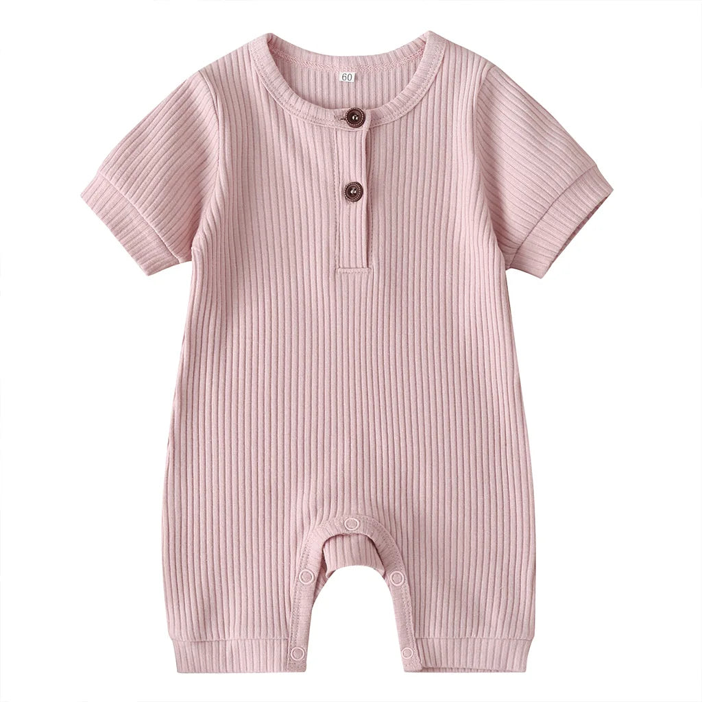 Newborn Baby Boys Girls Short Sleeve Romper Summer Toddler Clothes Infant Solid Color Knit Rib O Neck Jumpsuits Playsuit Outfits