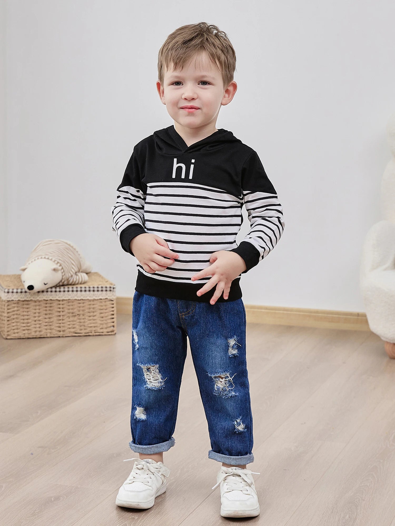 Baby Boy Clothes, Long Sleeve Printing Hoodie With Jeans Pants Outfits Set Little Boy Ripped Jeans, Hooded Sweatshirt