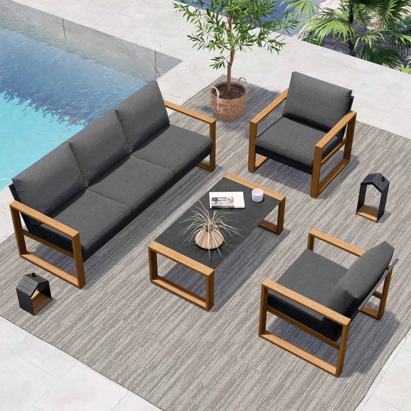 Outdoor 4-Piece Modern Aluminum Patio Furniture Sets,5 Person Conversation Set, Faux Wood Grain Finish Frame Sofa Set