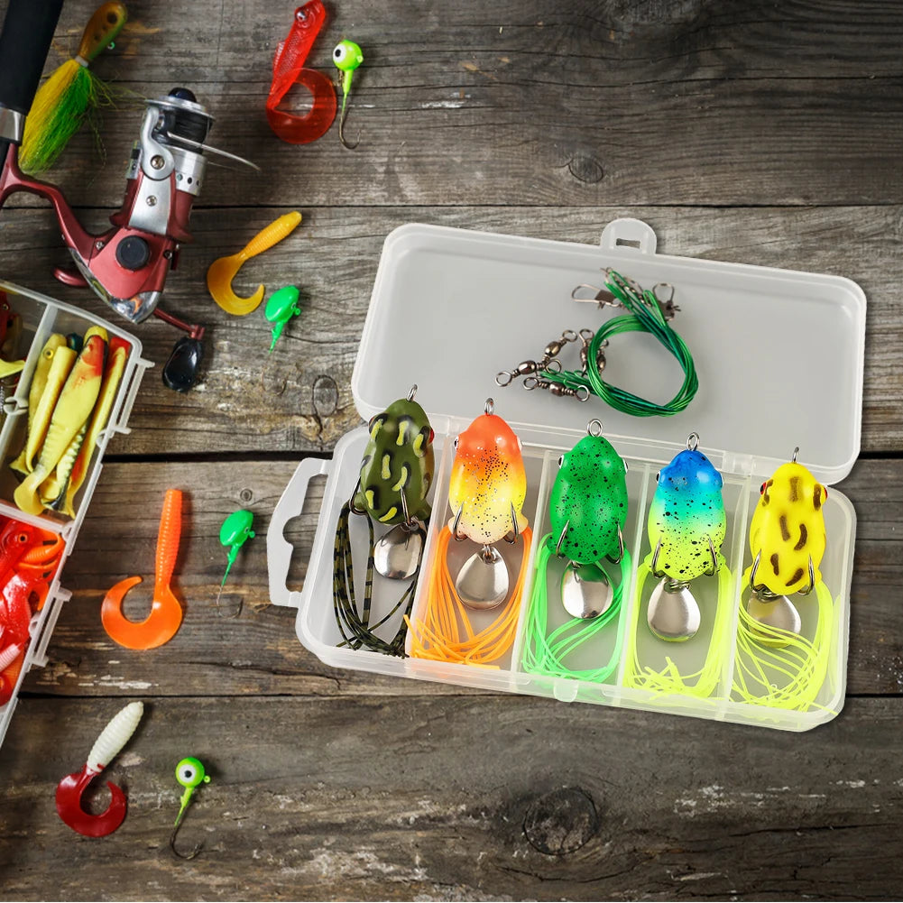 5Pcs Frog Soft Fishing Lures with Double Hooks Soft Ray Frog Swimbait Frog Spoon Fishing Baits for Bass Fishing