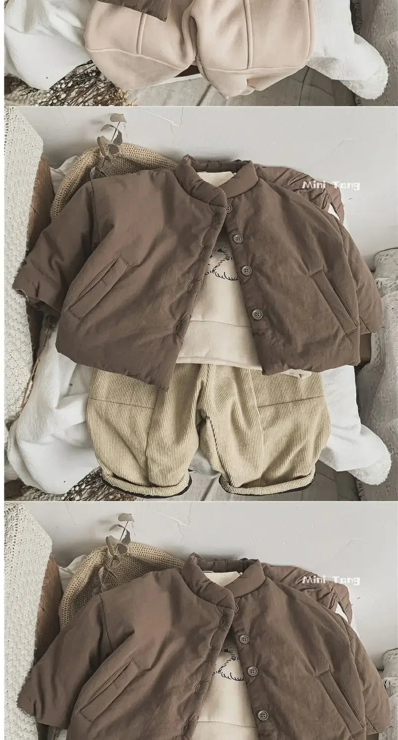 Winter Kids Jacket Thicken Cotton Warm Boys Girls Winter Coat 2024 Solid Color Children Retro Style Outwear Windproof Warm Coat