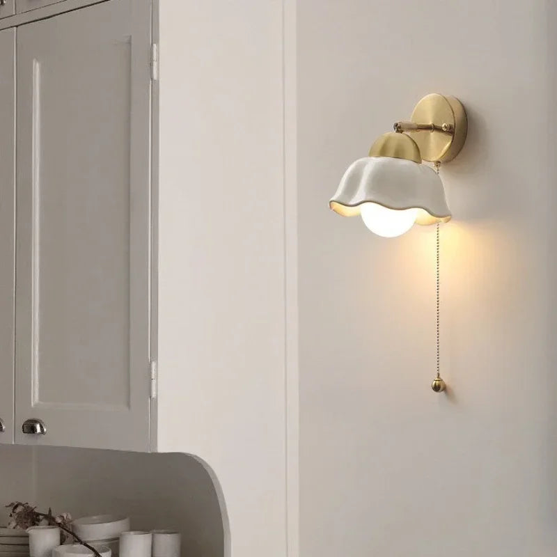 2025Pull Chain Switch LED Wall Light Fixture Reading Dining Room Porch Nordic Copper Simple Art Bedside Lamp Lamparas De Pared