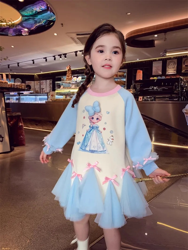 Girl's Fall/Winter Sweatshirt Long Sleeve Princess Elsa Snow White Cartoon Print Tulle Skirt Casual Hoodie Dress 2-12 Years Old